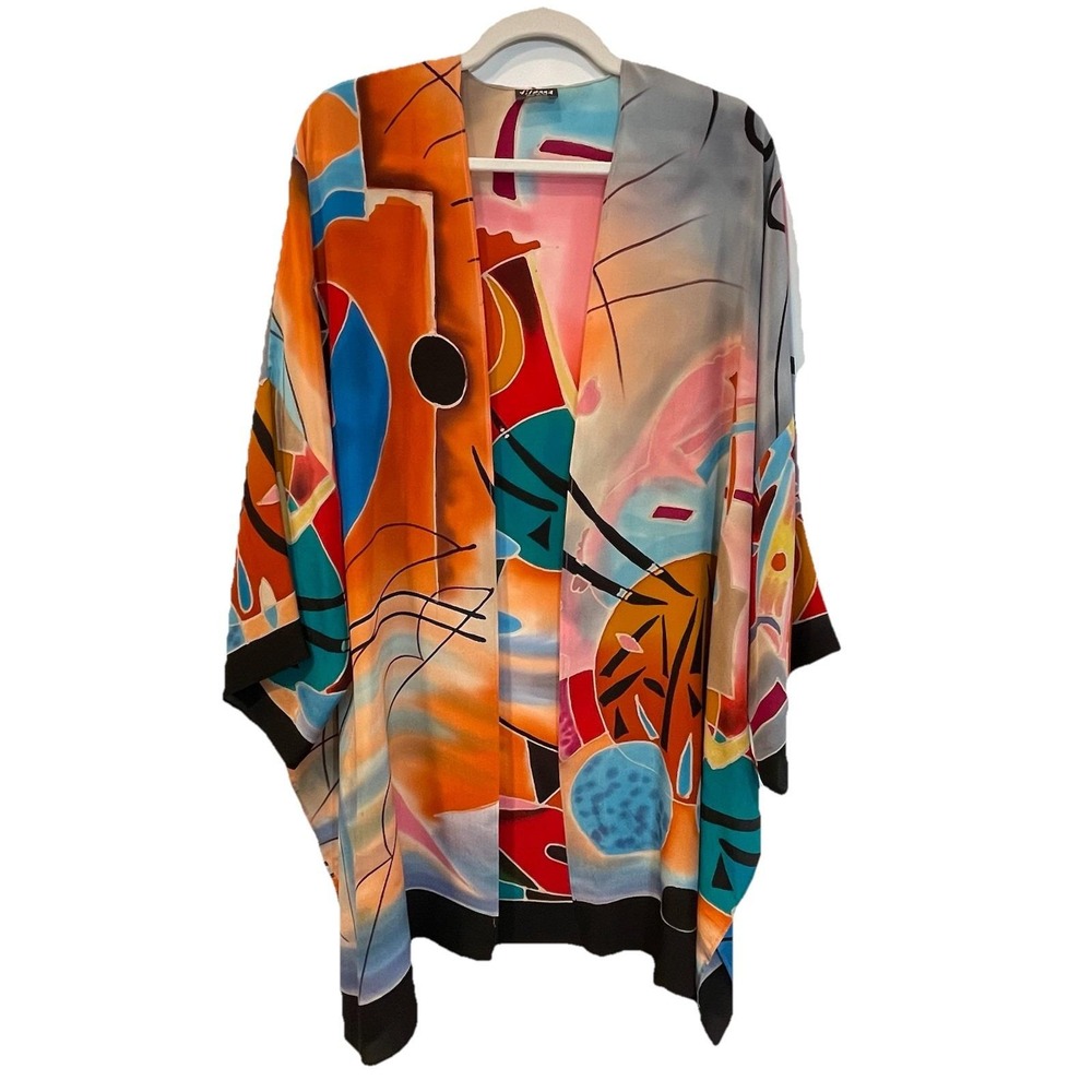 Vintage Dilemma Dhun Shroff 100% Silk Abstract Kimono Cardigan Hand Painted‎ OS